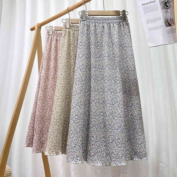 

skirts spring summer ol floral chiffon pleated a-line calf long skirts, Black