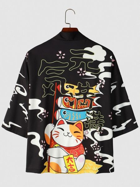 

men cartoon cat and letter graphic kimono 79bt#, White;black