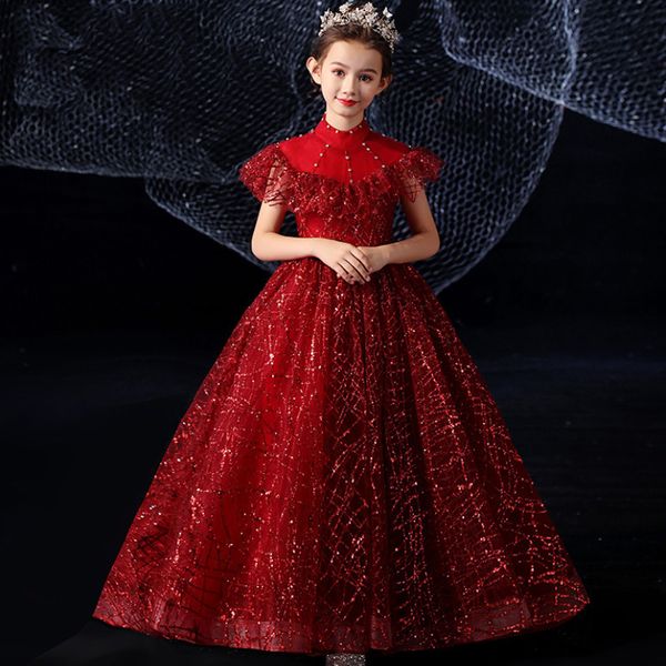 Ucuz Allık Kırmızı Bling Çiçek Kız Elbiseler Uzun Kollu Düğün Dantel Aplikler için Balo Doğum Günü Kız Communion Pageant Abiye
