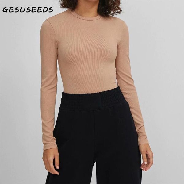 

women's t-shirt casual long sleeve women spring solid t shirt korean cotton shirts basic o neck knit cropped white slim black