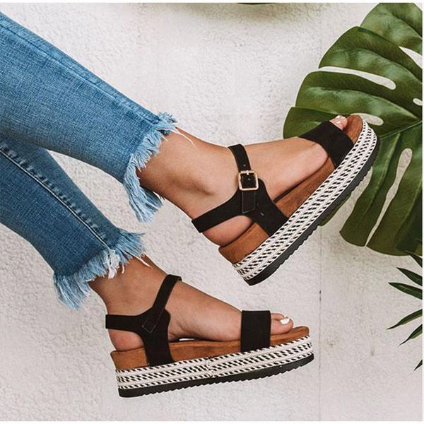 

sandals women summer platform wedges buckle female casual shoes thick sole ladies fashion open toe plus size, Black