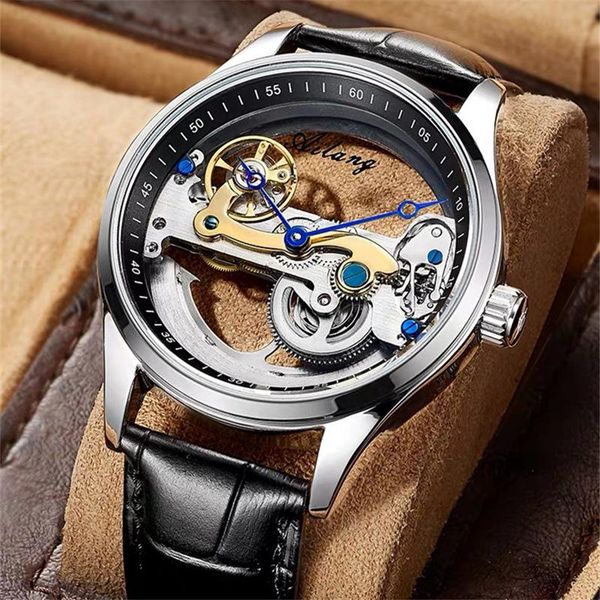 

wristwatches ailang full transparent hollow automatic mechanical watch leather waterproof skeleton men's watches wristwatch, Slivery;brown