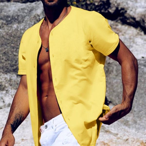 

solid yellow summer men t-shirt casual loose shirts for single row buttons mens short sleeve shirt streetwear camisetas men's t-shirts, White;black