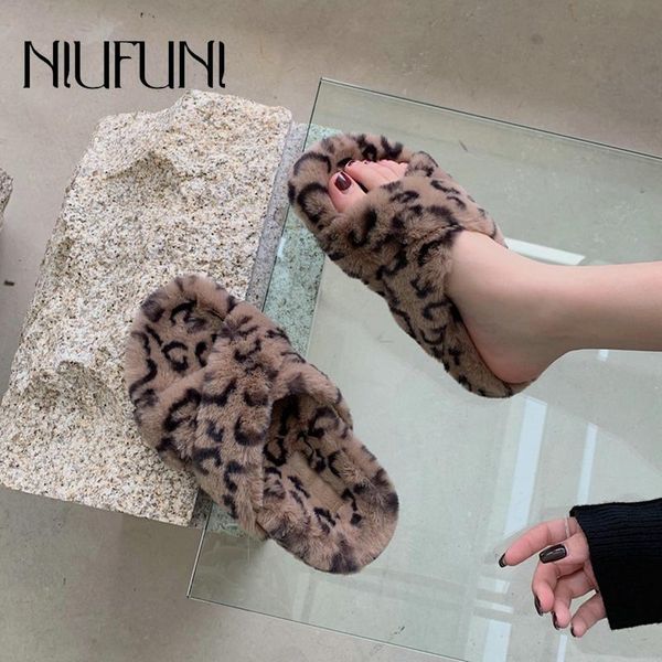 

slippers platform leopard fur autumn winter warm short plush women shoe cross straps cotton slipper outer wear wool muller shoes, Black