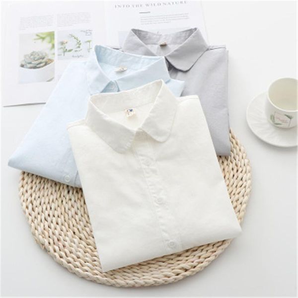 

women's blouses & shirts 2021 women cotton long sleeve solid turn down collar casual white ladies spring blusas femininas zy5012