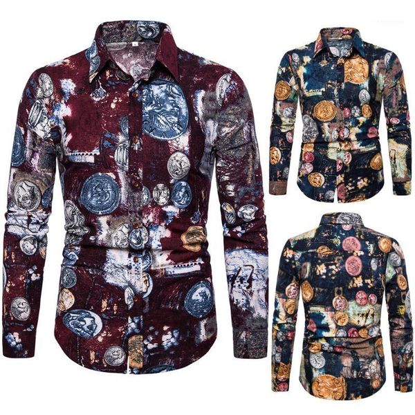 

spring and autumn pattern square neck cultivate oneself fashion leaf printing youth men's style long sleeves shirt men dress shirts, White;black