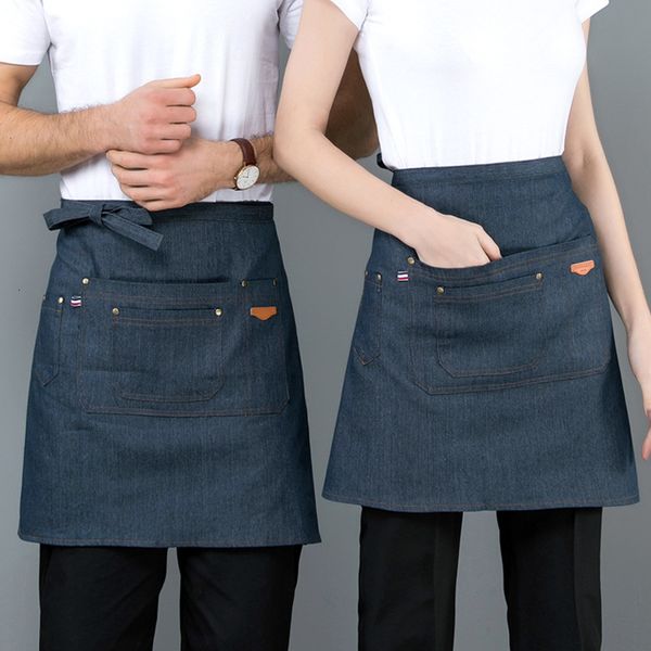 

canvas denim apron printed milk tea coffee pot rtaurant korean fashion waiter half length overalls