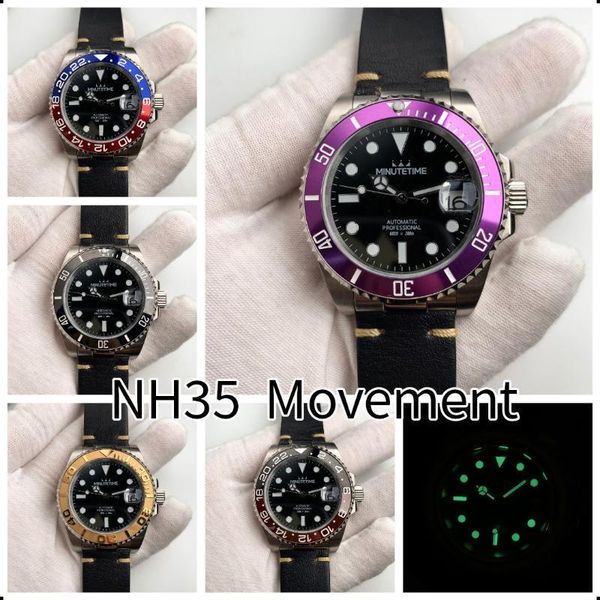

minutime nh35 movement automatic vintage watch luminous 100m waterproof stainless steel date dive sapphire glass endlink leather wristwatche, Slivery;brown
