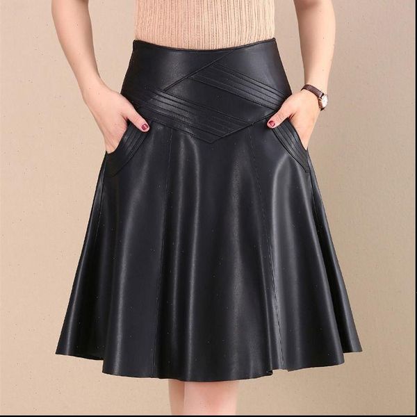 

s 4xl spring summer womens skirt leather pleated plus size casual solid korean elastic high waist, Black