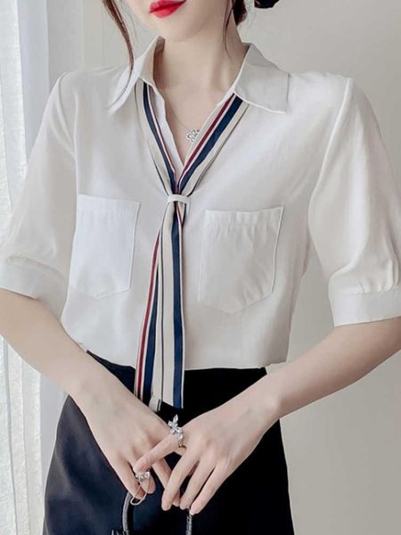 

women's blouses & shirts versatile v-neck bow tie in summer 2021, White