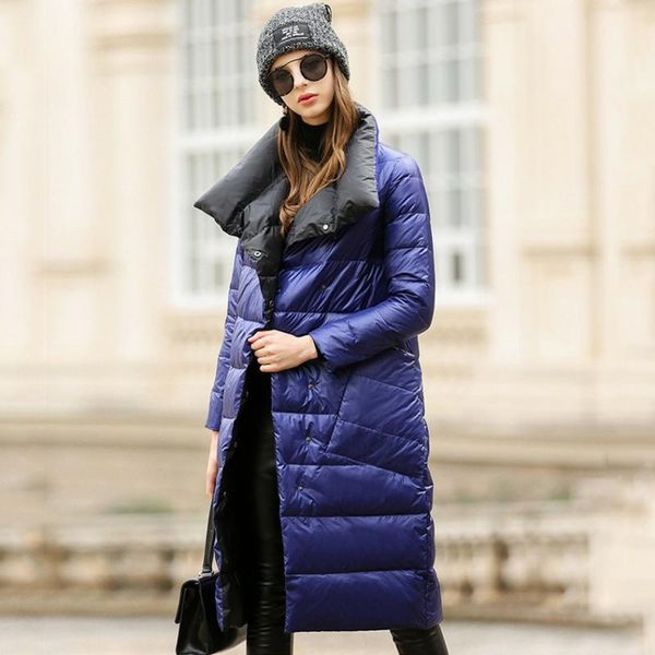 

women's trench coats winter warm double sided ultra light white duck down parka female plus size snow outwear women jacket long coat, Tan;black