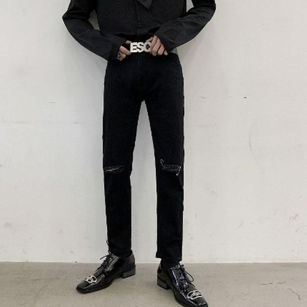 

homens mulheres elÃ¡stico buraco quebrado magro ajuste preto tornozelo-comprimento denim calÃ§a masculina de rua alta hip hop punk men's, Blue