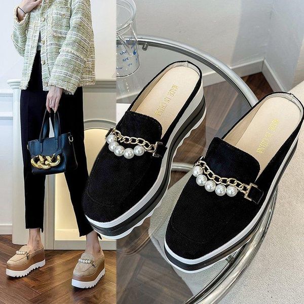 

slippers ladies flip comfortable rubber platform shoes casual round toe flat loafers autumn suede women's, Black
