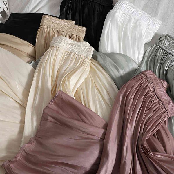 

thin comfortable solid-color skirt for womens summer elastic waist over-the-knee korean shiny pleated long student 210420, Black