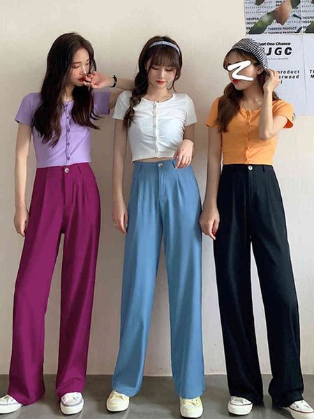 

spring and summer solid color women's wide-leg straight pants office suit female casual loose high-waist red trousers 210514, Black;white