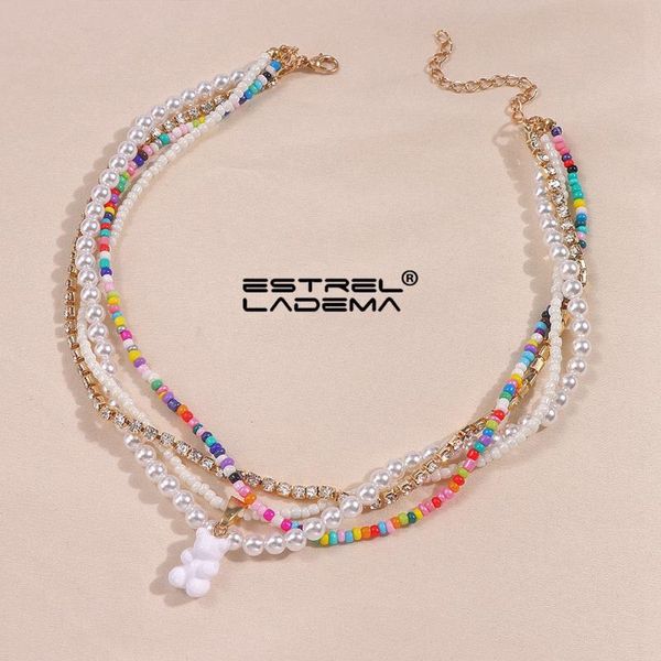 

chains 4pcs/set y2k multi layer gummy bear pearl seed beads necklace for women colorful beaded crystal tennis chain necklaces jewelry, Silver