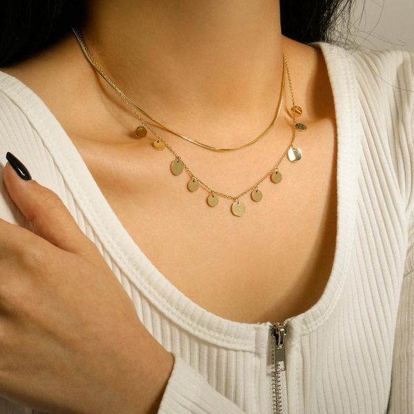 

chains high polished double layer snake chain small round pendants necklace stainless steel geometric, Silver