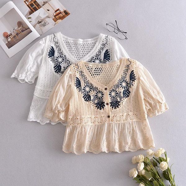 

women's t-shirt japanese small special embroidery hollow out summer v-neck loose short sleeve, White