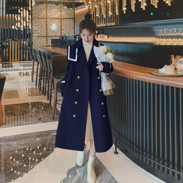 

women's wool & blends autumn fashion classic navy blue trench coat for women windbreaker 2021 winter korean office lady femme, Black