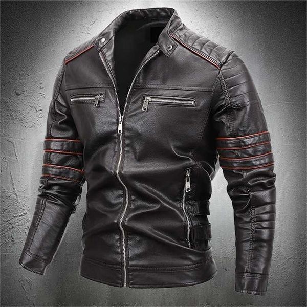 

motorcycle jacket men stand collar slim fit leather jacket biker mens vintage style streetwear leather coat men clothing 211110, Black