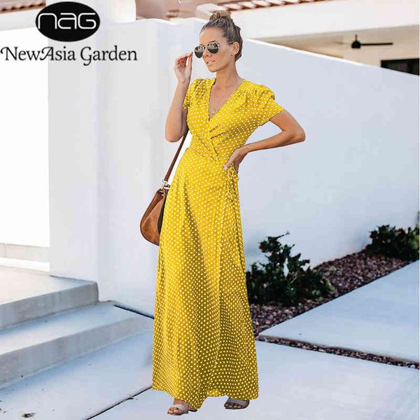 

newasia garden polka dot dress long dress plus size dress v neck print belt bow short sleeve vestidos summer clothes for women 210413, Black;gray