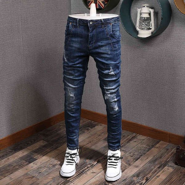 

jeans korean style fashion men jeans newly designer ripped denim pants elastic slim fit vintage casual long trousers male, Blue