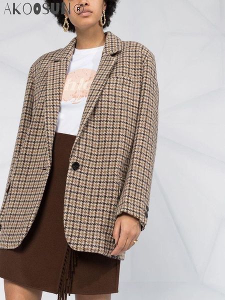 

women's suits & blazers 2021fw woman grey checked herringbone blazer single button flap pockets long sleeves fashion suit, White;black
