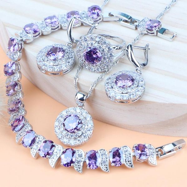 

wedding jewelry sets purple zircon women bridal silver 925 costume necklace bracelet ring earrings pendant gift box, Slivery;golden