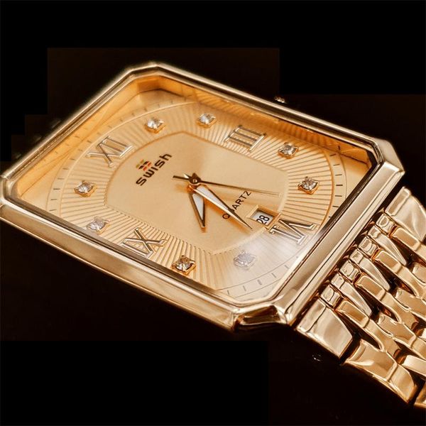 

wristwatches swish mens watches stainless steel gold square quartz watch for men waterproof date clock relogio masculino, Slivery;brown