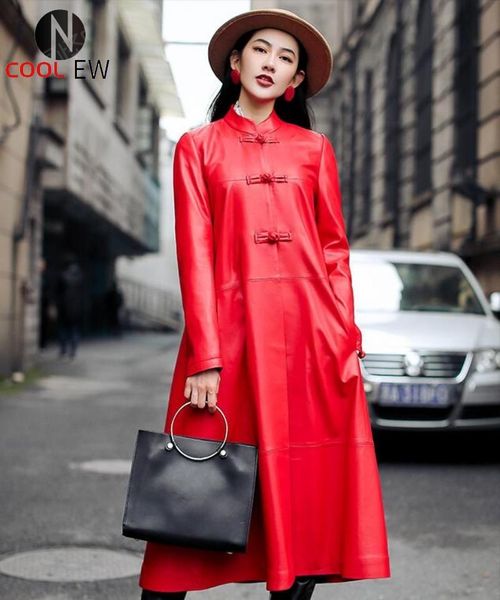 

women's leather & faux chinese style mandarin collar genuine womens long jackets medium length sheepskin windbreaker loose fit coats pl, Black