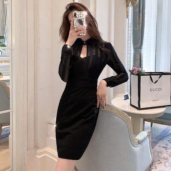 

casual dresses black see through dress ladies mesh patchwork long sleeve bodycon dinner for women autumn winter femme mini, Black;gray