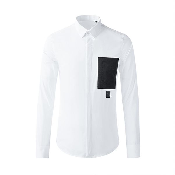 Black and White Splicing Bolso Homens Camisa Cor Sólida Manga Longa Slim Negócio Camisa Masculino 2021 100% Pure Cotton Vestido Camisas