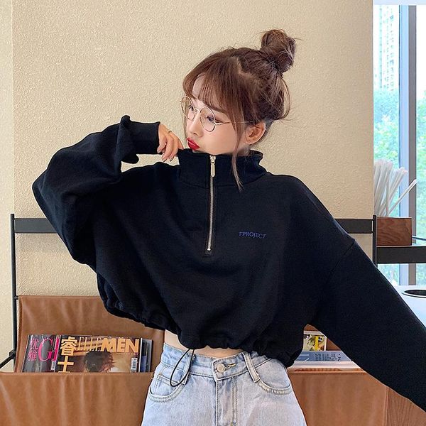 

women's hoodies & sweatshirts stand letter print casual long sleeve crop zippers clothing fashion brand fall, Black
