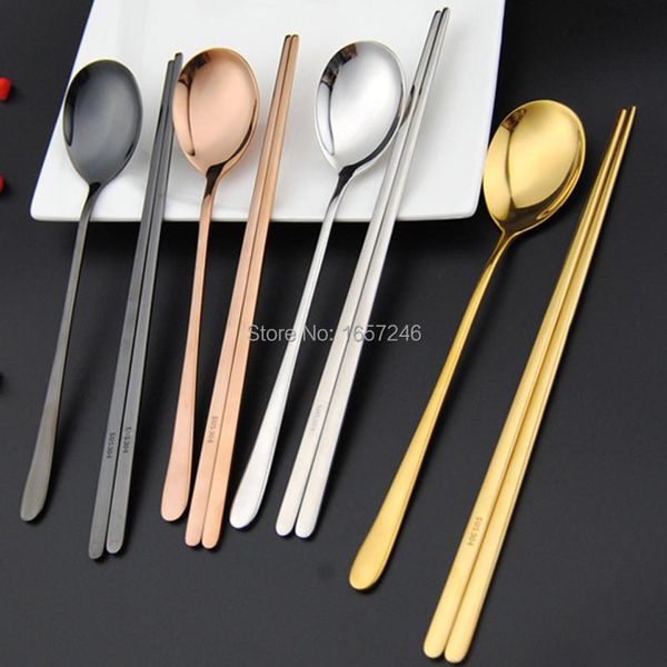 

dinnerware sets 2pcs/set portable 304 stainless steel korean black rose golden silver chopsticks spoons tableware 30set/lot