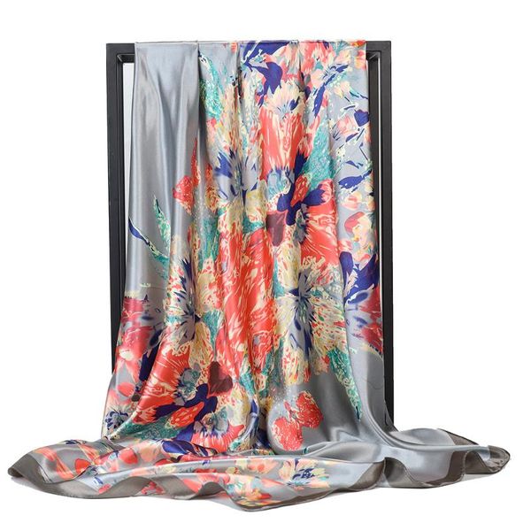 

scarves silk scarf women fashion designer beautiful flowers foulard soft satin shawl scarfs kerchief 90cm square neck headscarf fj385, Blue;gray