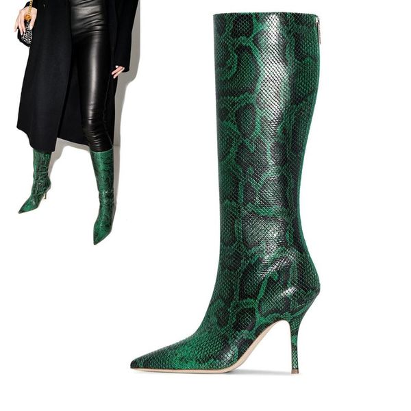 

boots 2021 fashion brand women knee high print heels ladies shoes woman party dancing pumps basic leather, Black