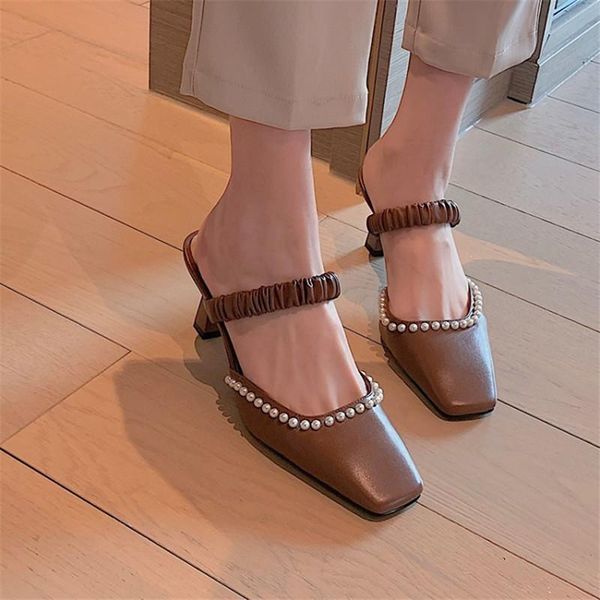 

slippers pxelena designer women mules genuine leather string beads elastic band fashion lady strange high heels slides party ol, Black