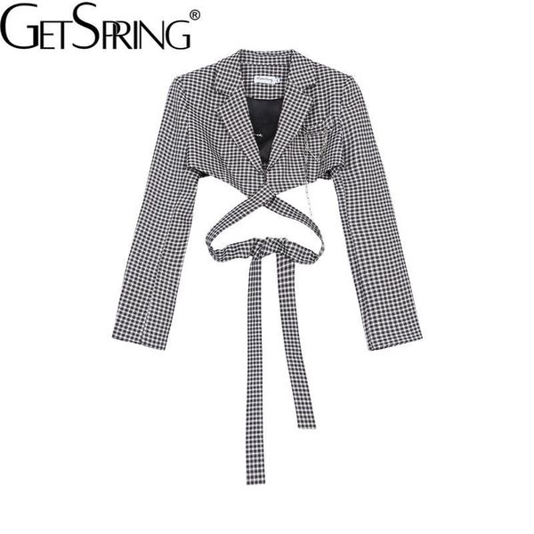 

women's suits & blazers getspring women blazer bandage short plaid ladies and jackets plus size casual vintage loose suit coat 2021, White;black