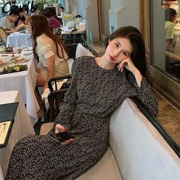 

casual dresses long sleeve dress women printed classic o-neck tender high waist simple cozy midi vestidos dating chic teens daily female, Black;gray