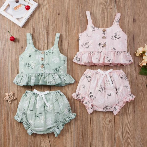 

clothing sets summer infant born baby girls clothes toddler floral printed ruffles suspender vest+shorts casual outfits, White