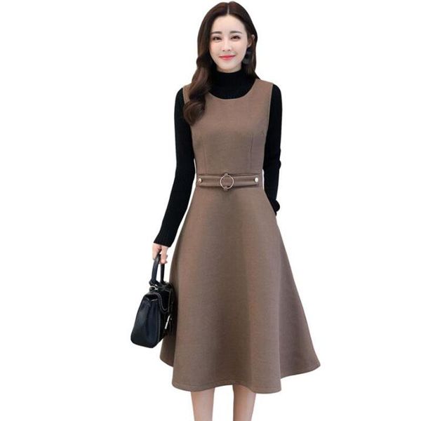 

casual dresses women autumn winter fashion woolen thickening long dress high wasit sleeve turtleneck sweater two-piece suit, Black;gray