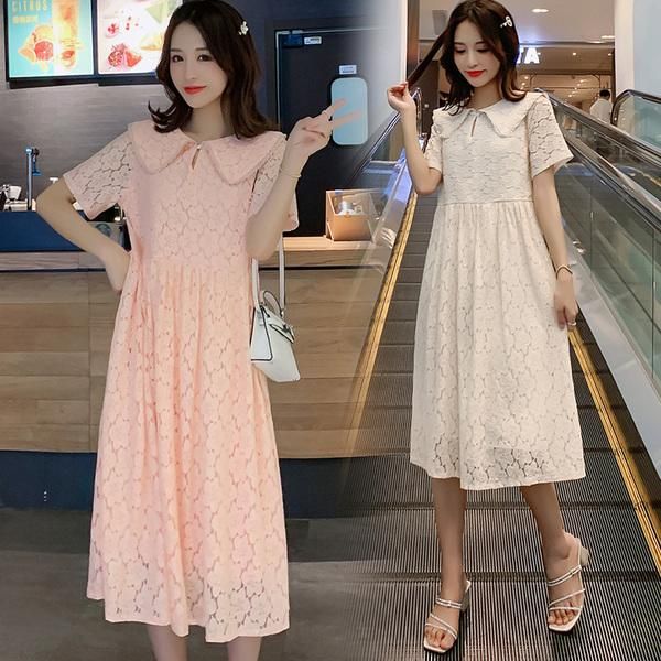 

497# maternity dress summer short sleeves lace plain color easy matching loose stylish pregnant women mom dresses, White