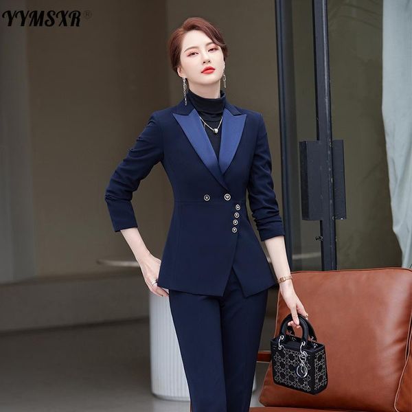 

women's two piece pants business wear suit plus size women's 2021 winter slim long-sleeved ladies office jacket high waist trousers, White