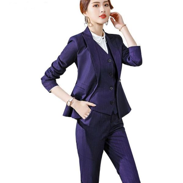 

women's two piece pants suits & blazers women formal stripe suit for work fashion blazer jacket vest three set purple blue office, White