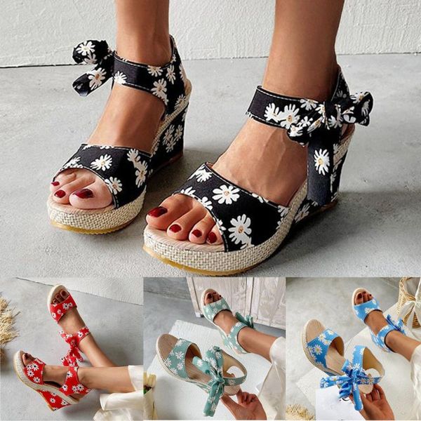 

flower print wedge sandals women summer floral bowknot platform bohemia high heel ankle strap#0526, Black