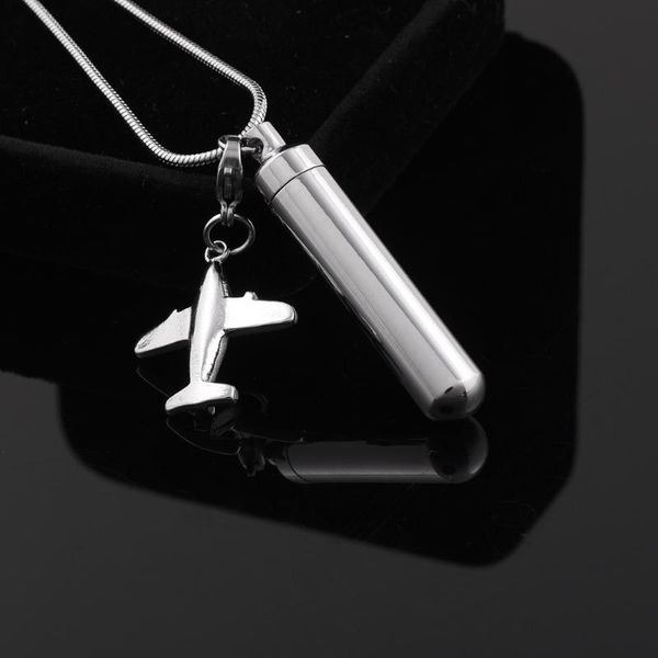 

pendant necklaces long tube cremation urn necklace stainless steel small plane charm keepsake jewelry for men women wholesale price, Silver