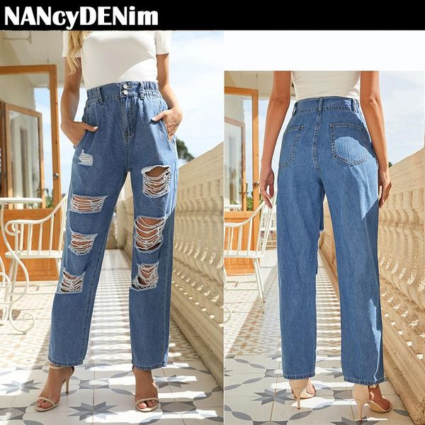 

women's jeans autumn women fashion zipper elastic high waist straight denim ripped hole mom boyfriends long pants streetwear trousers, Blue
