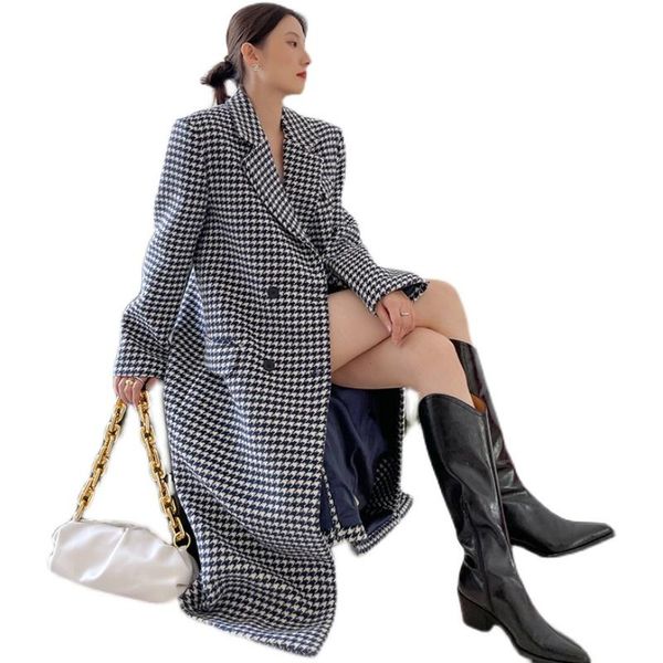 

women's wool & blends 2021 autumn winter women vintage long coat jackets british style check female elegant thick warm lady overco, Black