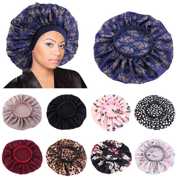 

women wide-brimmed sleeping hat floral printed night sleep cap silk bonnet hats head care cover elastic band hair loss caps, Blue;gray