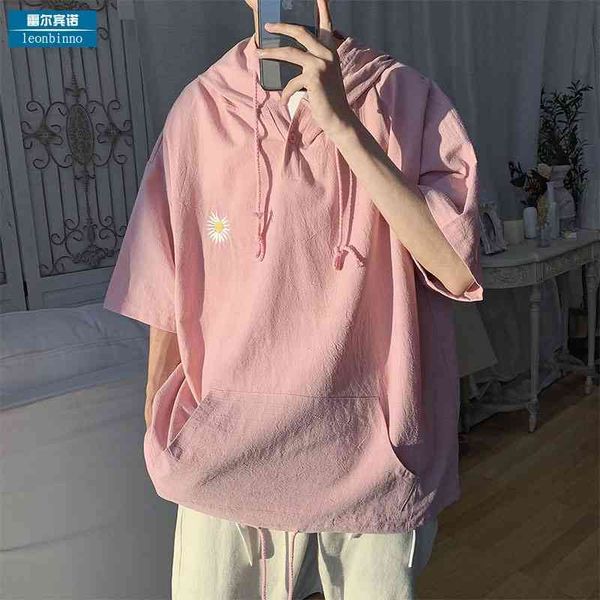 

daisy embroidered pink hooded short sleeve t-shirt men's trendy jacket loose couple summer sweater, Black